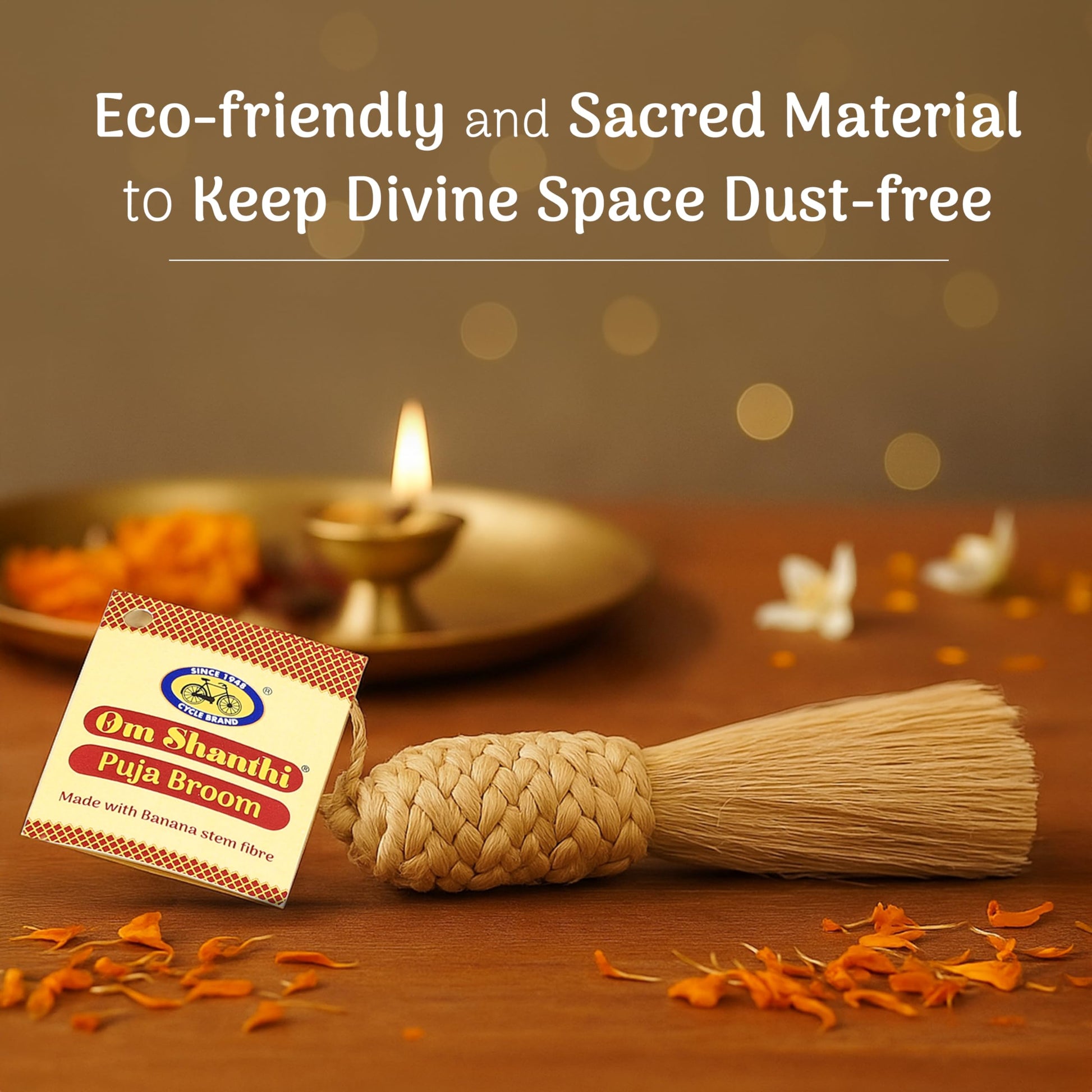 Om Shanthi POOJA MADE PURE Puja Broom, 8.5 inches, Eco-Friendly Biodegradable Broom for Dusting and Home Cleaning - back view