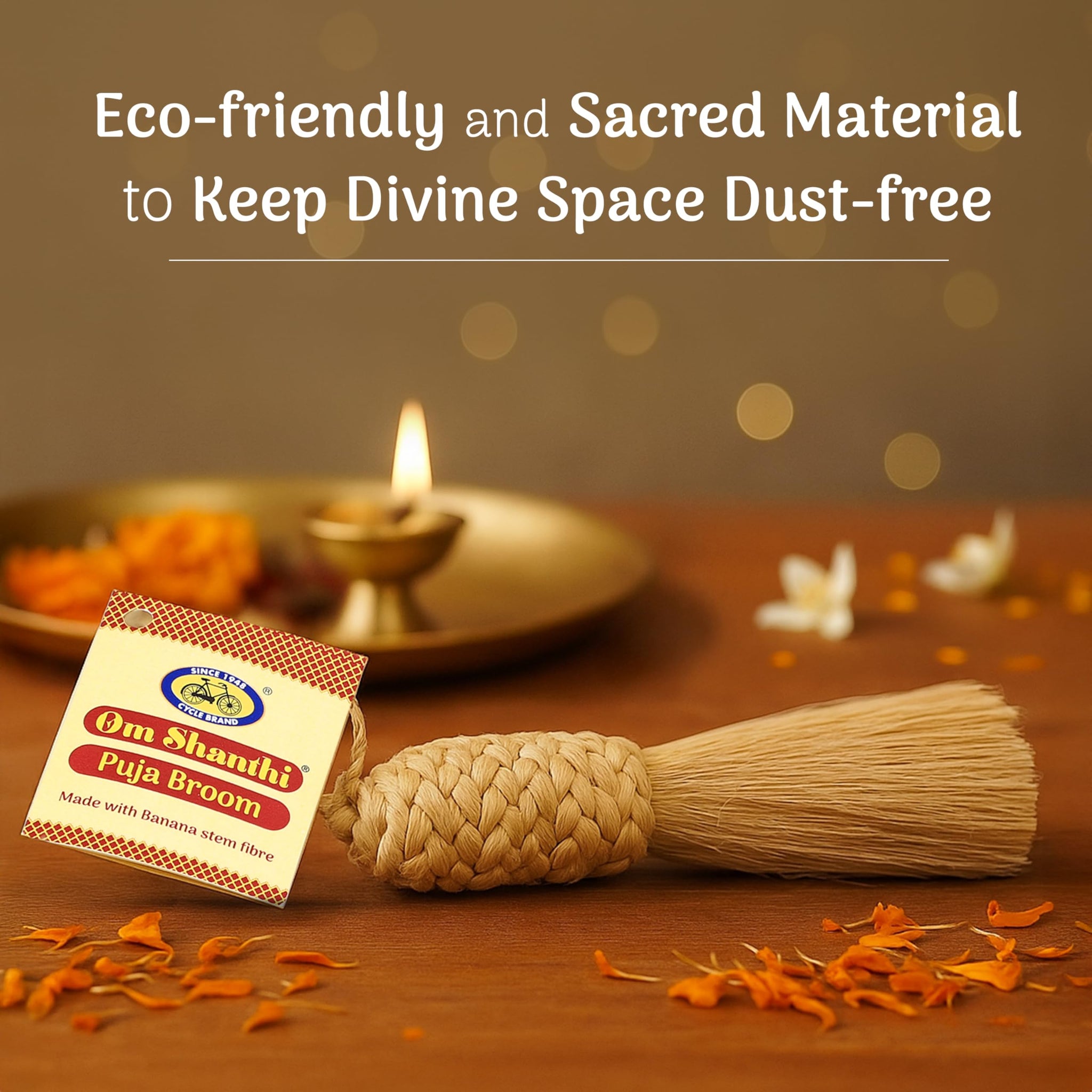 Om Shanthi POOJA MADE PURE Puja Broom, 8.5 inches, Eco-Friendly Biodegradable Broom for Dusting and Home Cleaning - back view