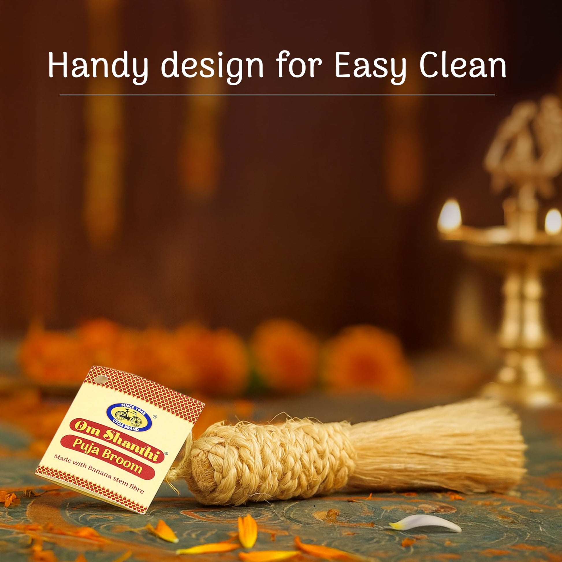 Om Shanthi POOJA MADE PURE Puja Broom, 8.5 inches, Eco-Friendly Biodegradable Broom for Dusting and Home Cleaning - label det
