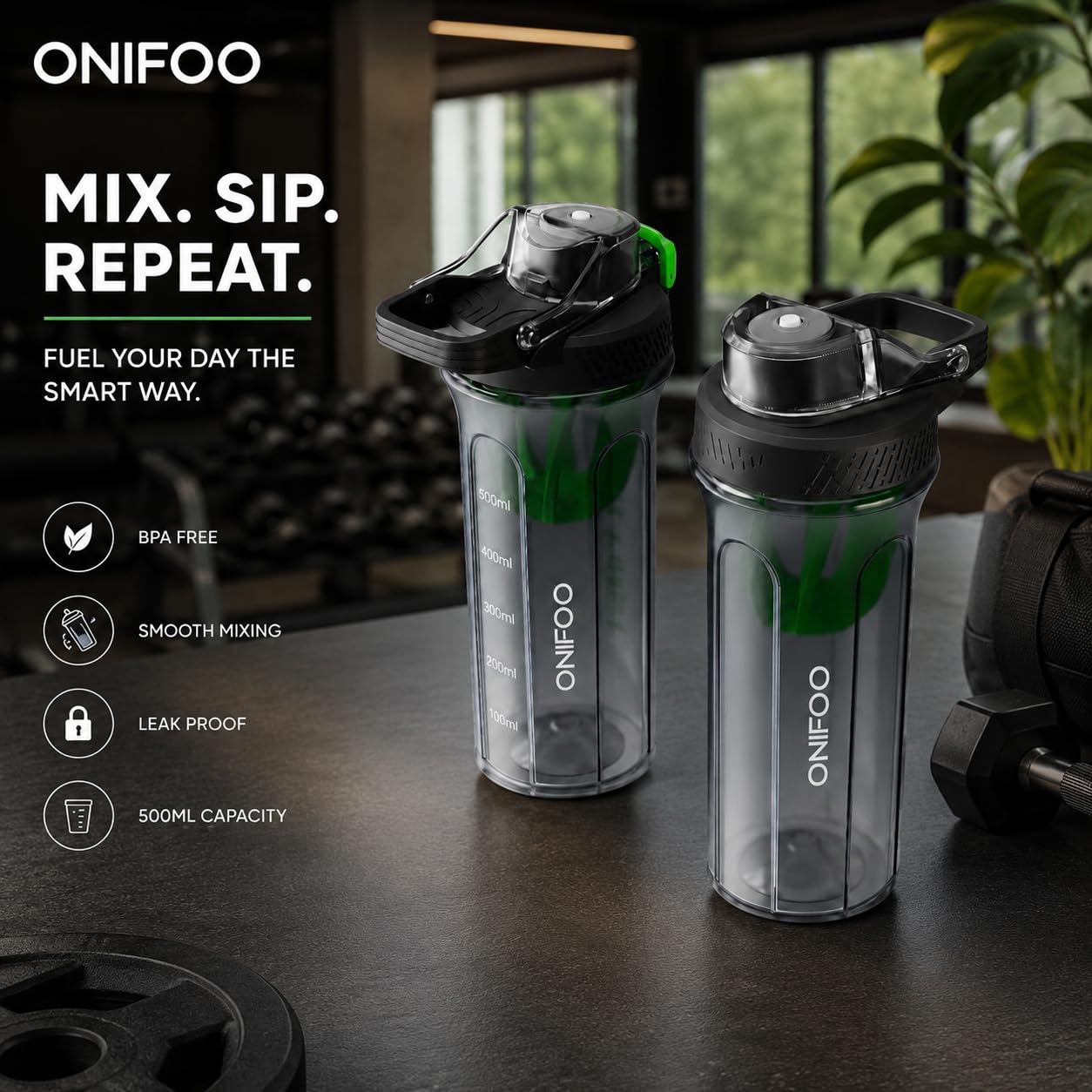 ONIFOO Protein Shaker Bottle 750ml, BPA-Free with Mixing Ball, Leak-Proof Sports Bottle, Modern Style - front view