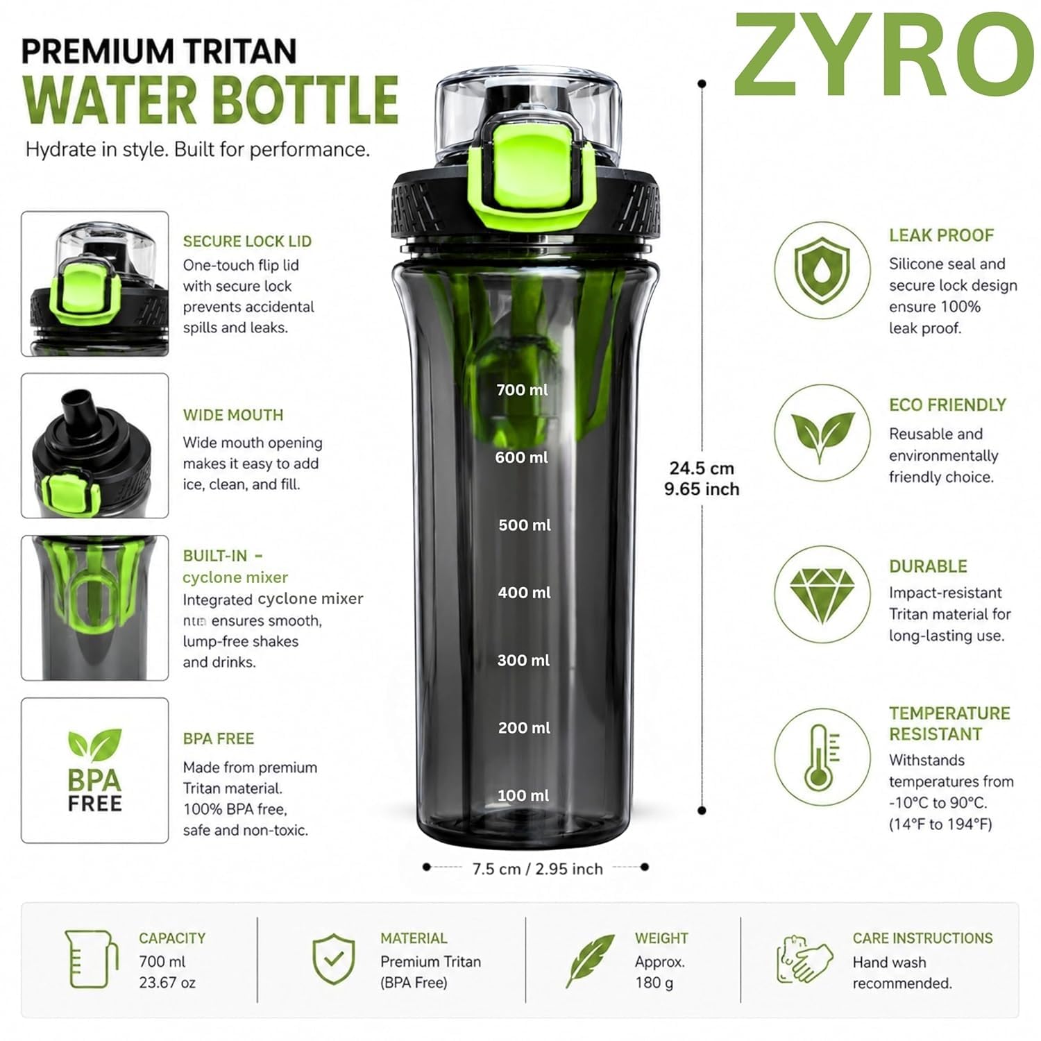 ONIFOO Protein Shaker Bottle 750ml, BPA-Free with Mixing Ball, Leak-Proof Sports Bottle, Modern Style - ingredients panel