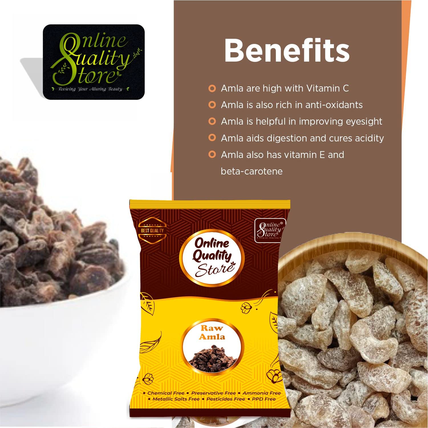 Online Quality Store Dried Amla, 250g, Indian Gooseberry Fruit for Hair and Skin Care - packaging