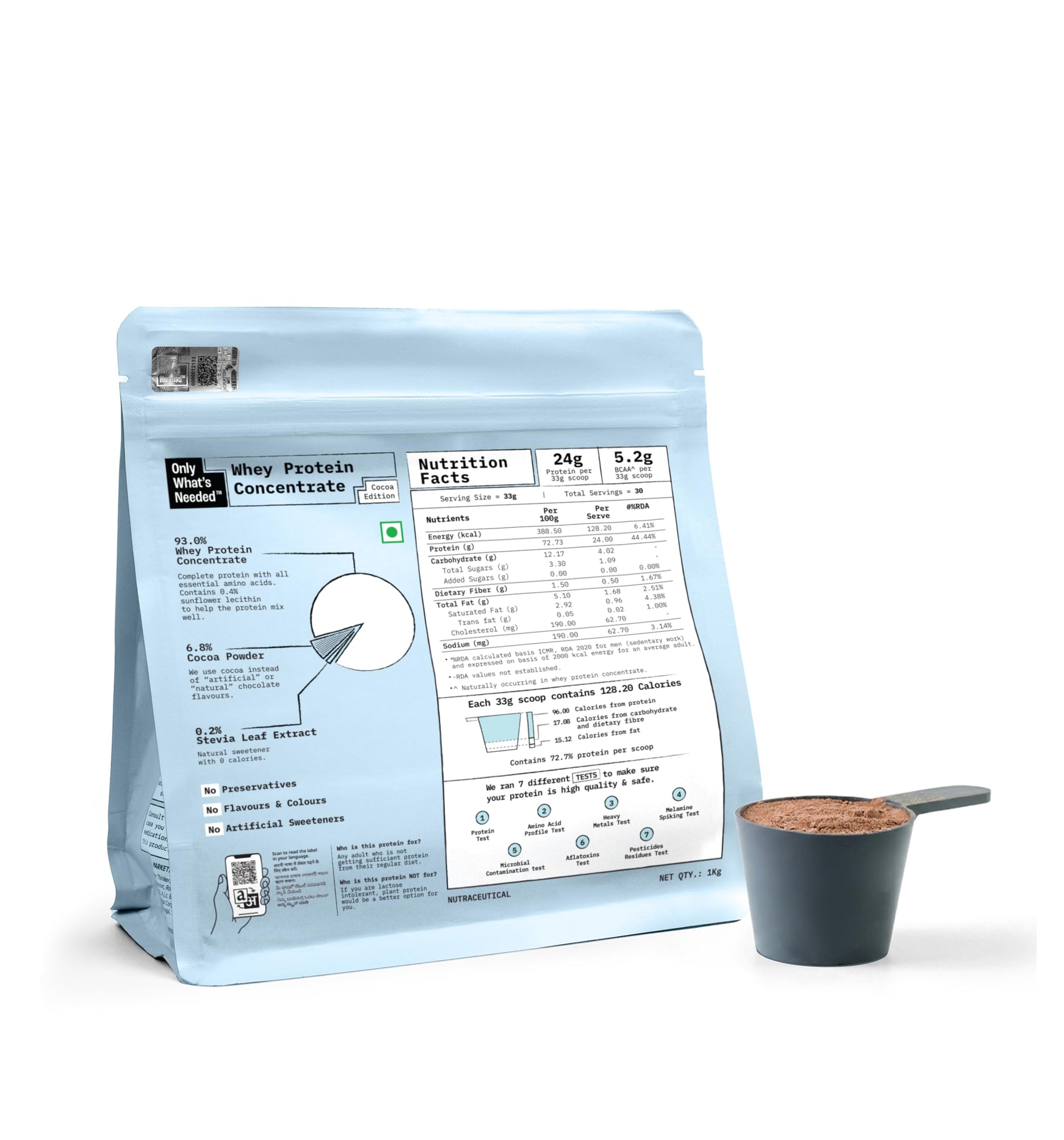 ONLY WHAT'S NEEDED Whey Protein Concentrate, Cocoa, 24g Protein per Scoop, No Added Sugar, 4 Ingredients
