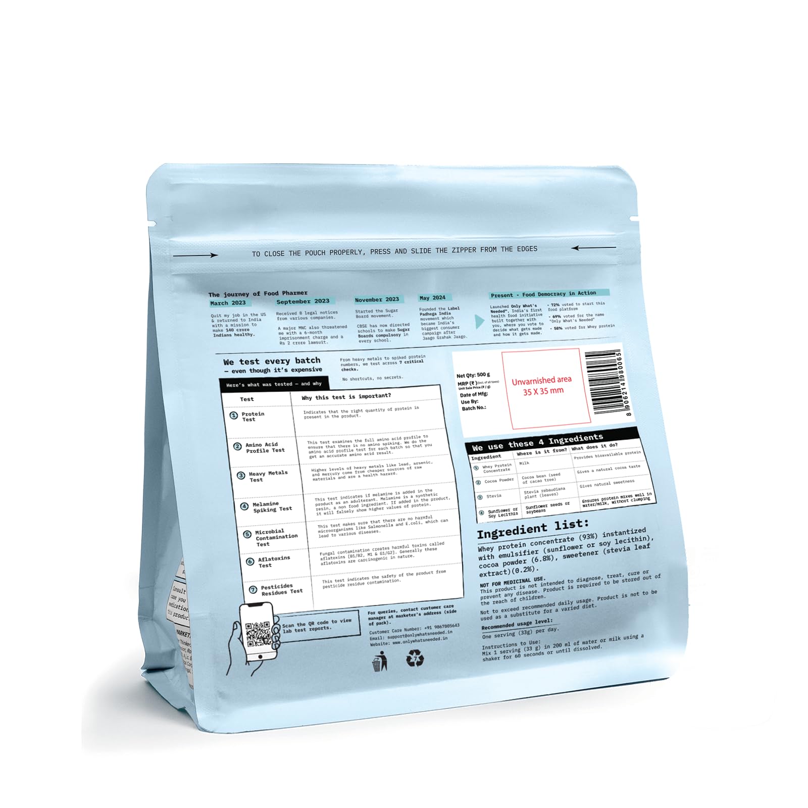 ONLY WHAT'S NEEDED Whey Protein Concentrate, Cocoa, 24g Protein per Scoop, No Added Sugar, 4 Ingredients - front view (11)