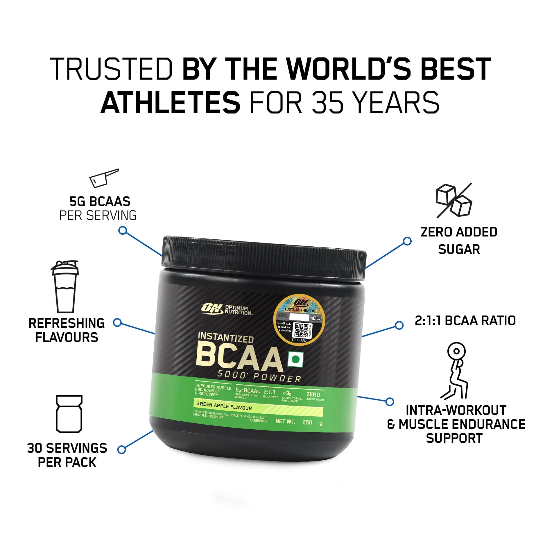 Optimum Nutrition BCAA 5000 Powder, 250g, Branched Chain Amino Acids Supplement - front view (10)