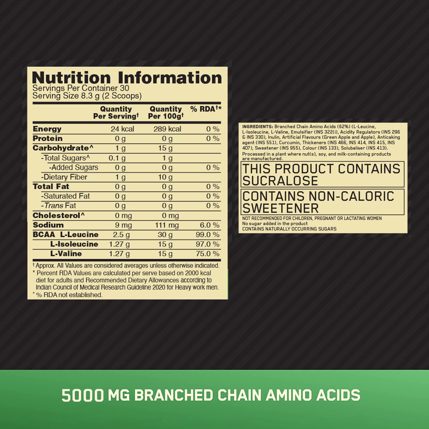 Optimum Nutrition BCAA 5000 Powder, 250g, Branched Chain Amino Acids Supplement - label detail (12)