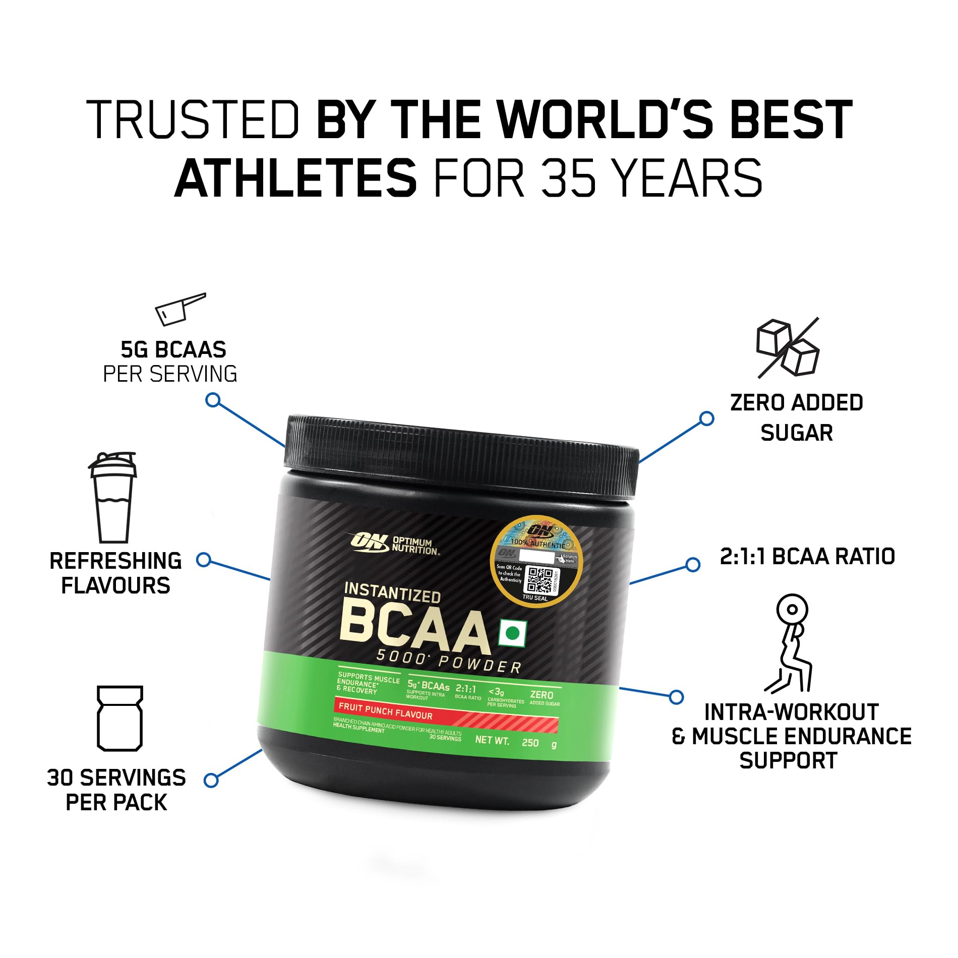 Optimum Nutrition BCAA 5000 Powder, 250g, Branched Chain Amino Acids Supplement - front view
