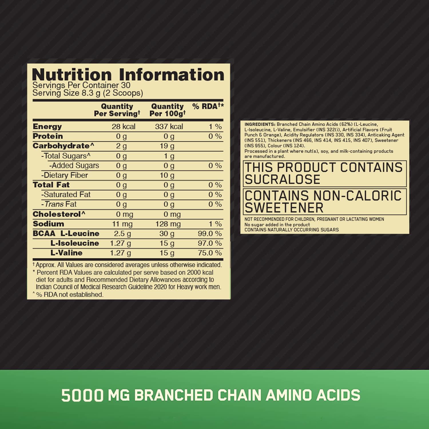 Optimum Nutrition BCAA 5000 Powder, 250g, Branched Chain Amino Acids Supplement - label detail