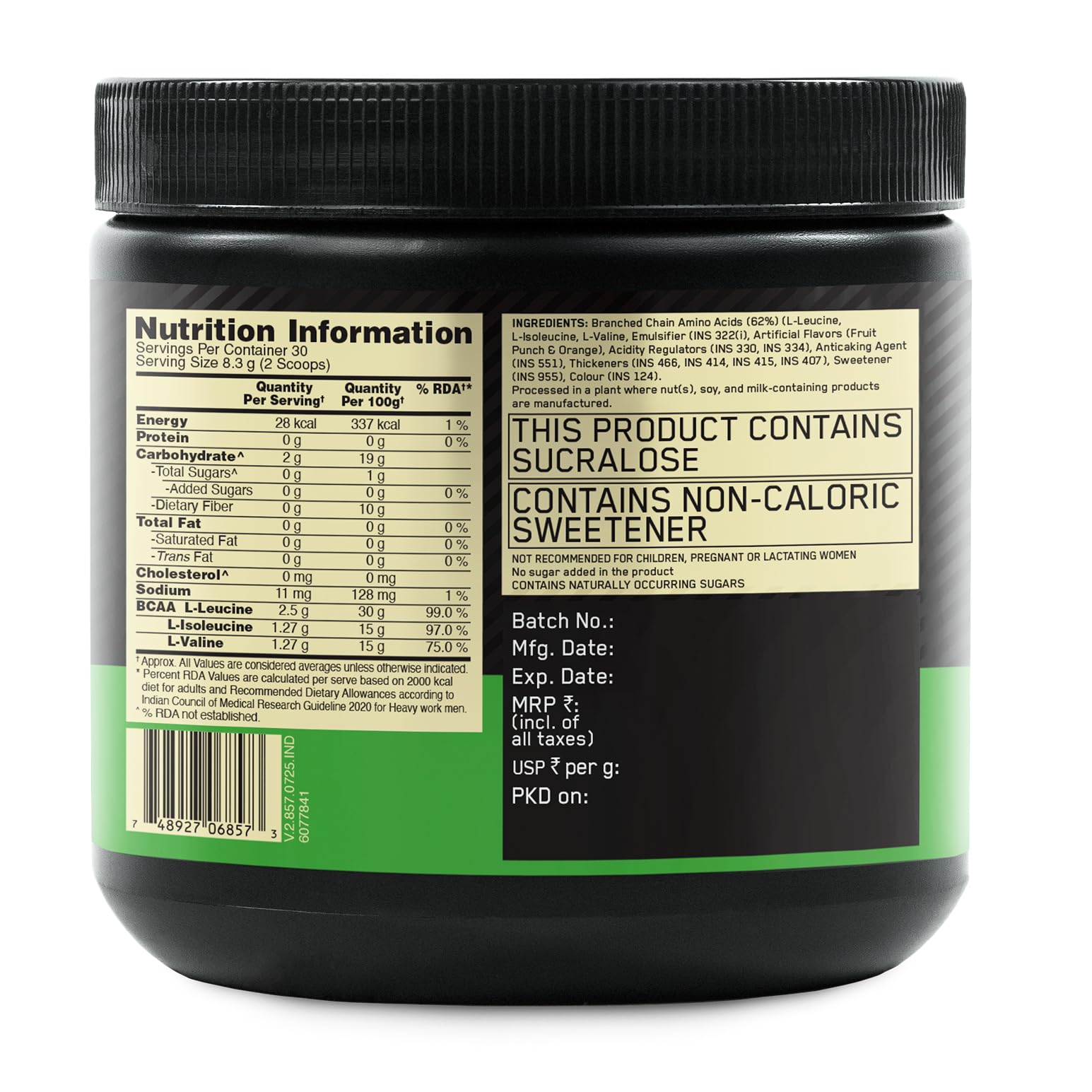 Optimum Nutrition BCAA 5000 Powder, 250g, Branched Chain Amino Acids Supplement - size and scale