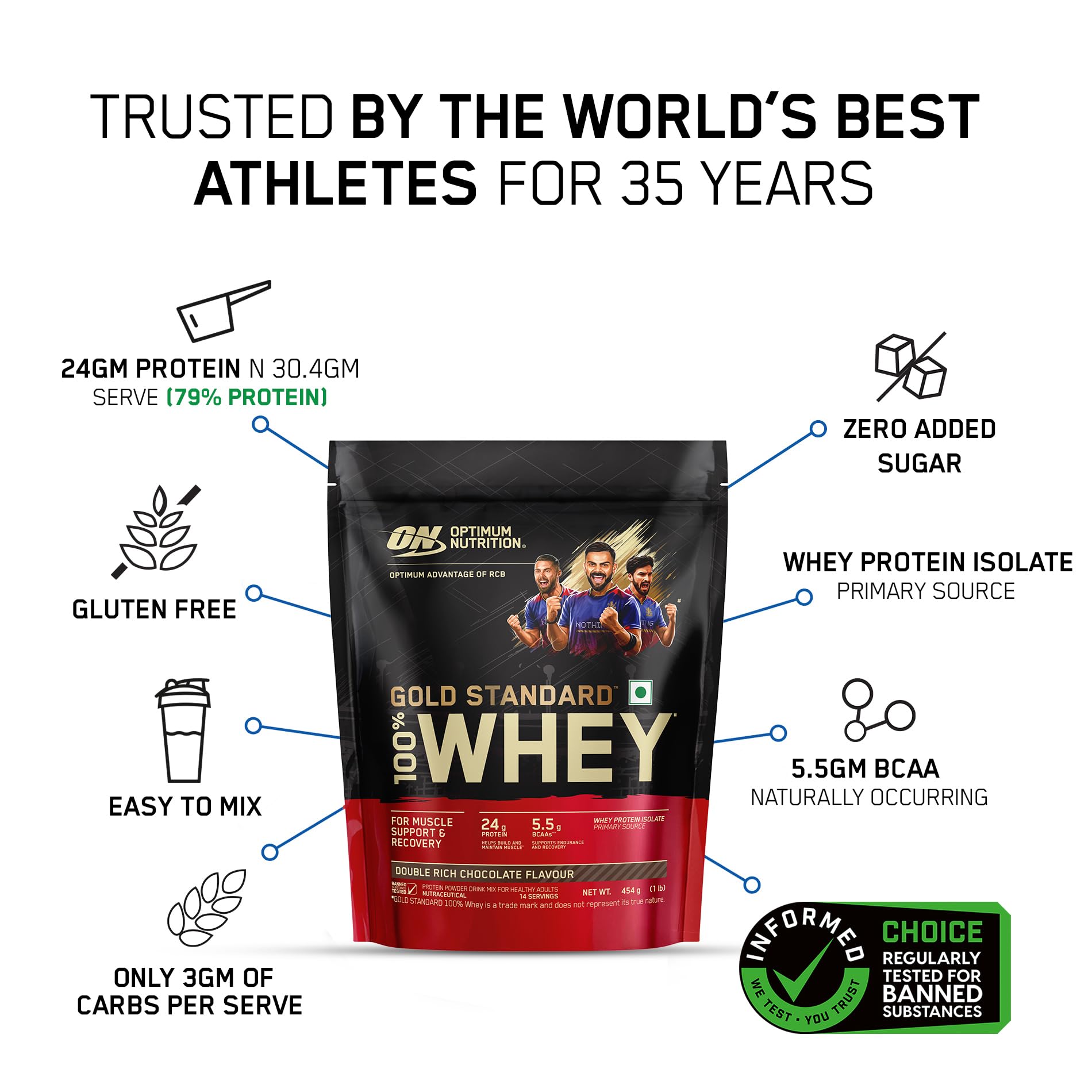 Optimum Nutrition Gold Standard 100% Whey Protein Powder, 5 Single Serve Sachets, 152g, Double Rich Chocolate, Informed Choic