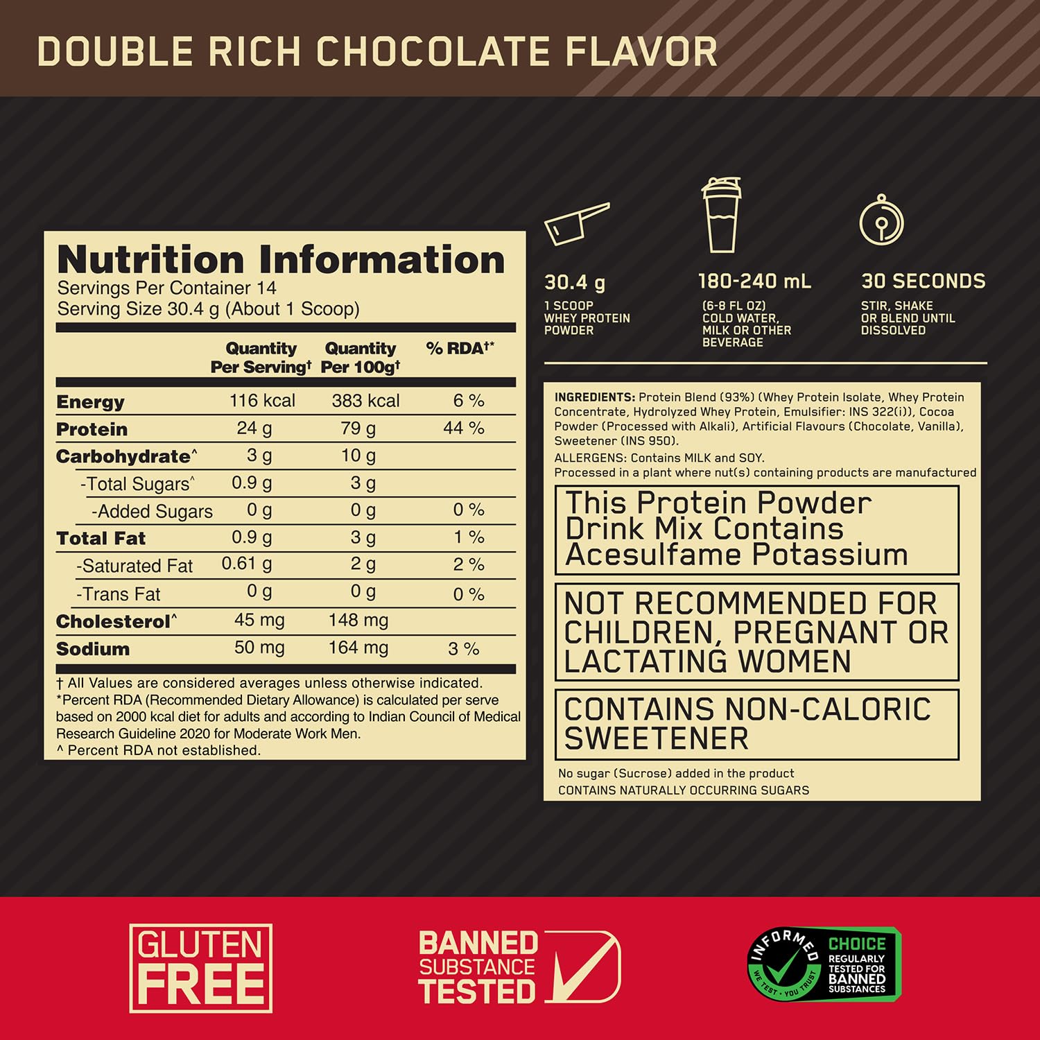 Optimum Nutrition Gold Standard 100% Whey Protein Powder, 5 Single Serve Sachets, 152g, Double Rich Chocolate, Informed Choic