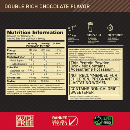 Optimum Nutrition Gold Standard 100% Whey Protein Powder, 5 Single Serve Sachets, 152g, Double Rich Chocolate, Informed Choic