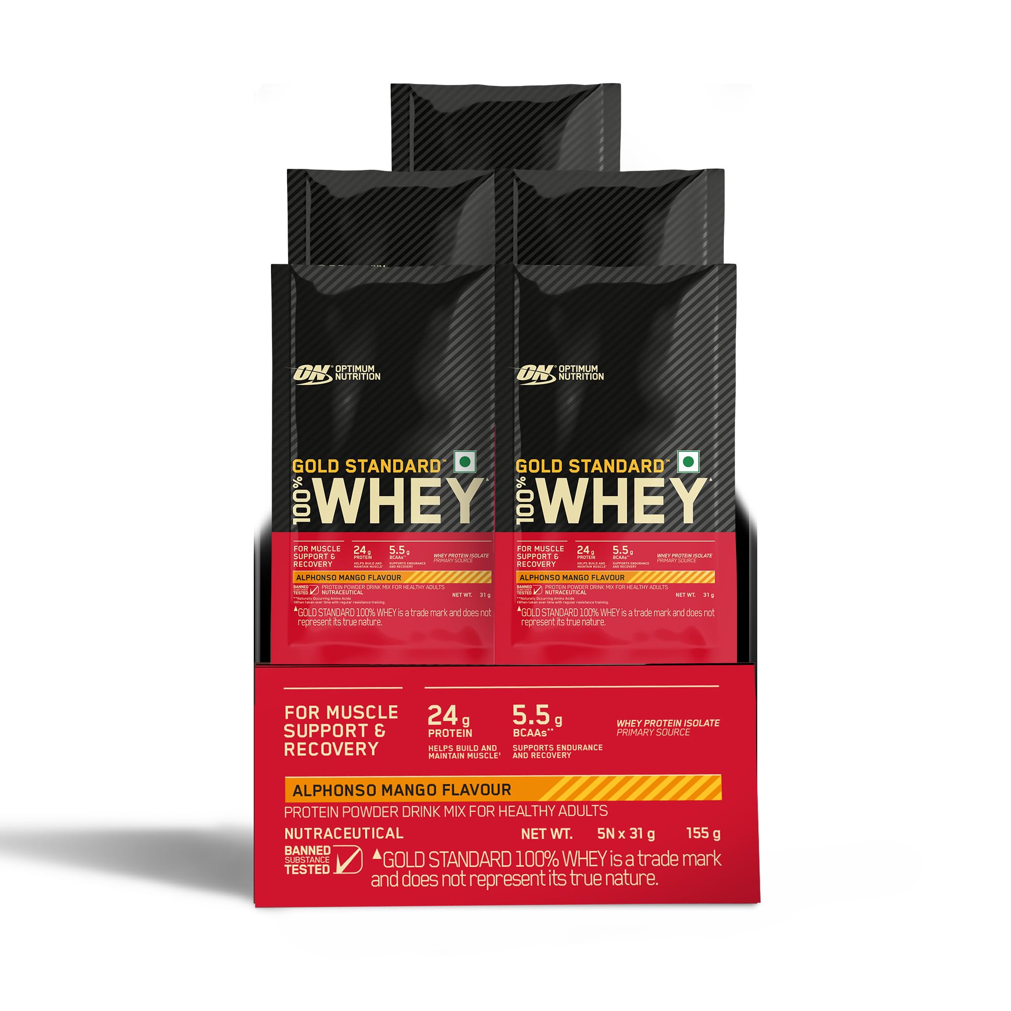 Optimum Nutrition Gold Standard 100% Whey Protein Powder, 5 Single Serve Sachets, 152g, Double Rich Chocolate, Informed Choic