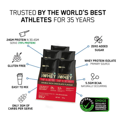 Optimum Nutrition Gold Standard 100% Whey Protein Powder, 5 Single Serve Sachets, 152g, Double Rich Chocolate, Informed Choic