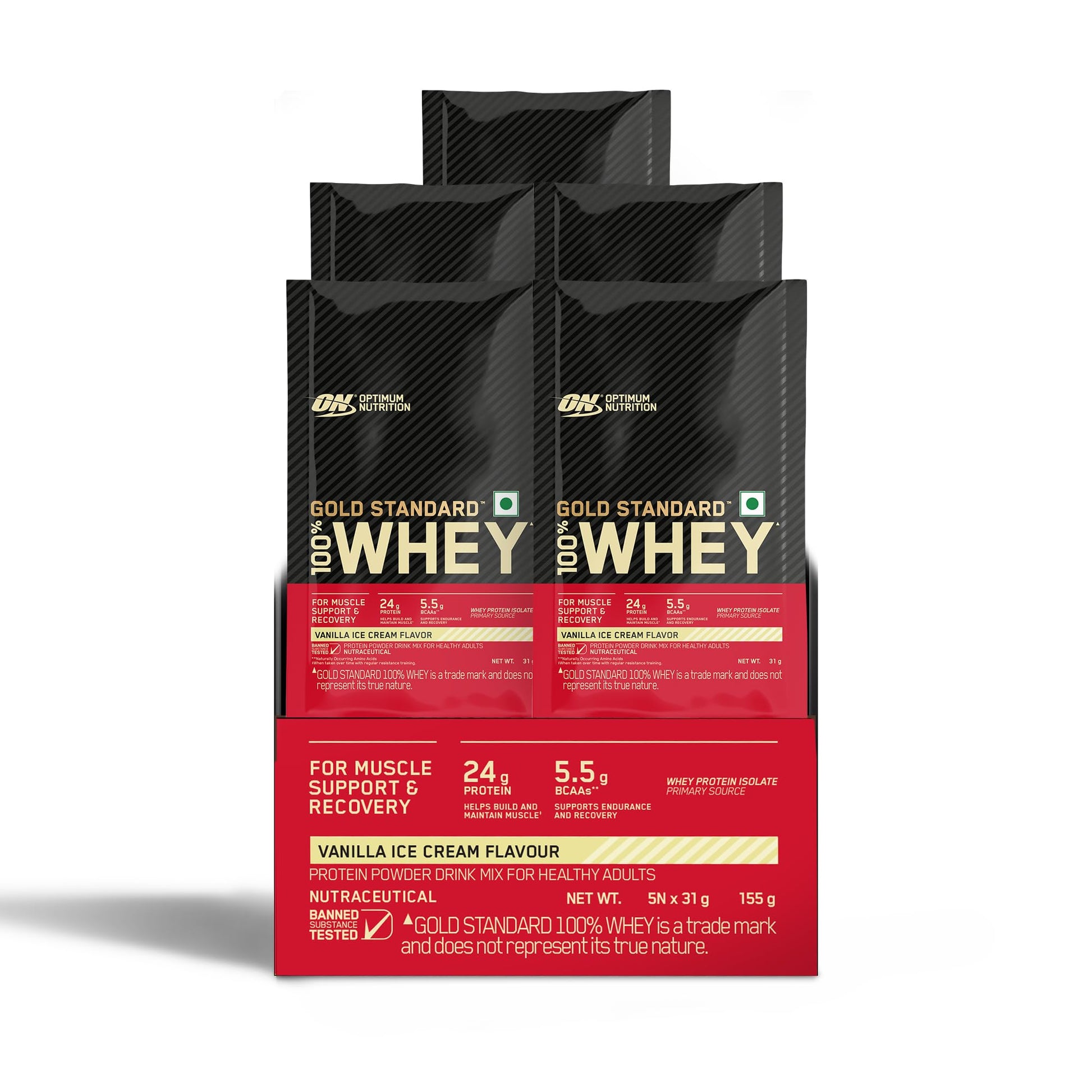 Optimum Nutrition Gold Standard 100% Whey Protein Powder, 5 Single Serve Sachets, 152g, Double Rich Chocolate, Informed Choic