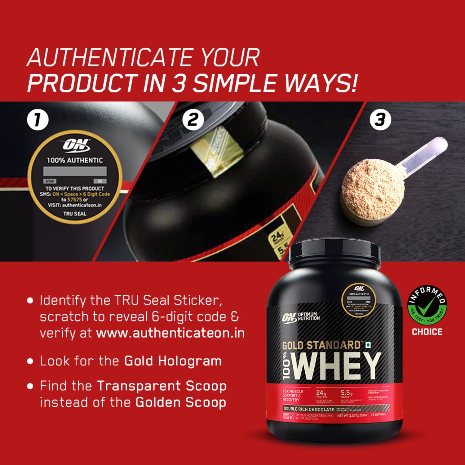 Optimum Nutrition Gold Standard 100% Whey Protein Powder, 5 Single Serve Sachets, 152g, Double Rich Chocolate, Informed Choic