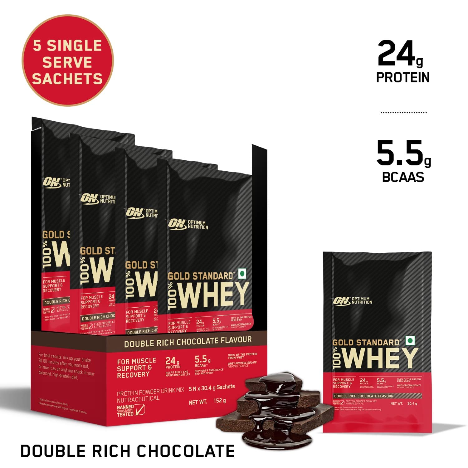 Optimum Nutrition Gold Standard 100% Whey Protein Powder, 5 Single Serve Sachets, 152g, Double Rich Chocolate, Informed Choic
