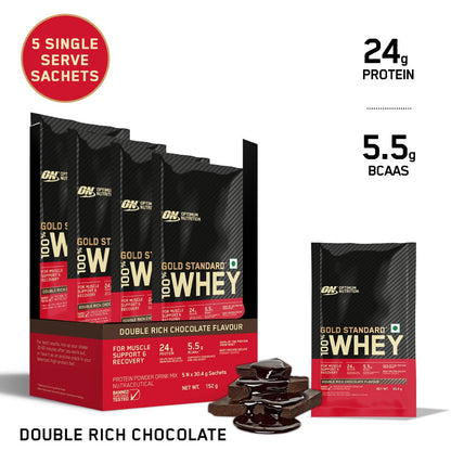 Optimum Nutrition Gold Standard 100% Whey Protein Powder, 5 Single Serve Sachets, 152g, Double Rich Chocolate, Informed Choic