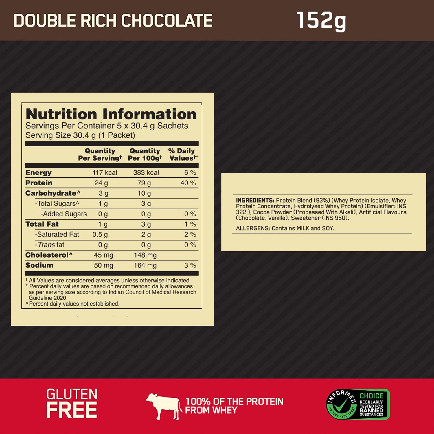 Optimum Nutrition Gold Standard 100% Whey Protein Powder, 5 Single Serve Sachets, 152g, Double Rich Chocolate, Informed Choic