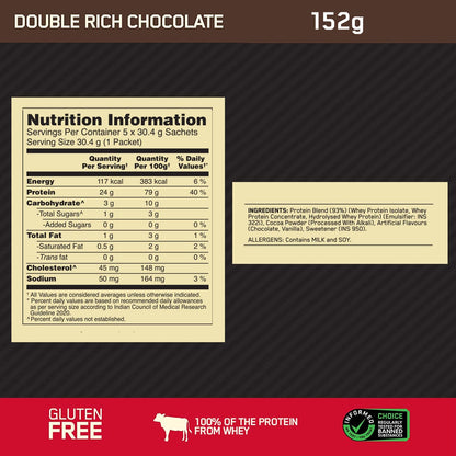 Optimum Nutrition Gold Standard 100% Whey Protein Powder, 5 Single Serve Sachets, 152g, Double Rich Chocolate, Informed Choic