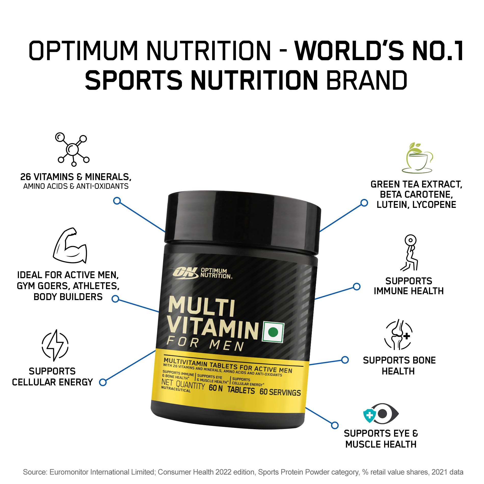 Optimum Nutrition Multivitamin for Men, 60 Tablets, 26 Vitamins & Minerals, Amino Acids, Antioxidants - front view