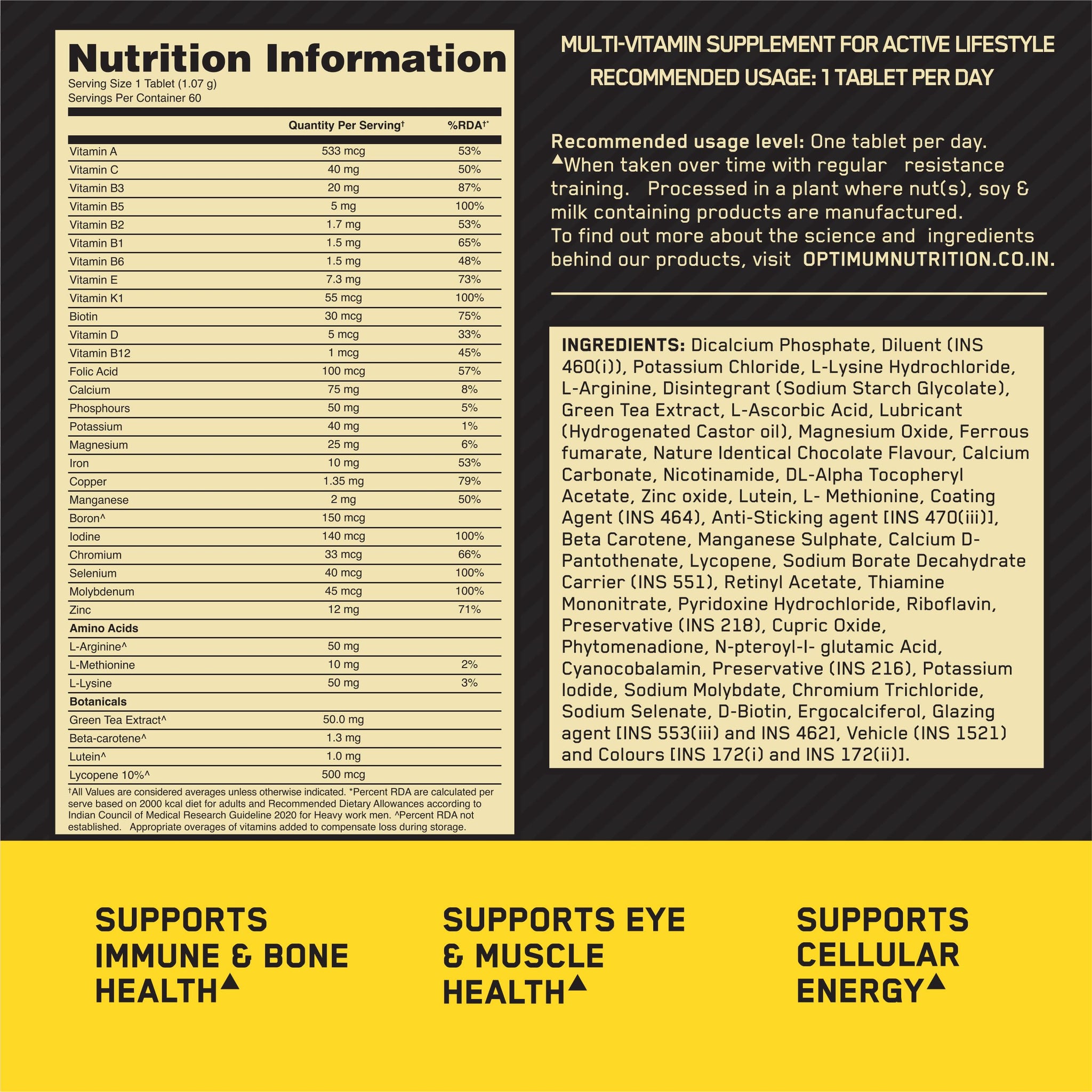 Optimum Nutrition Multivitamin for Men, 60 Tablets, 26 Vitamins & Minerals, Amino Acids, Antioxidants - back view