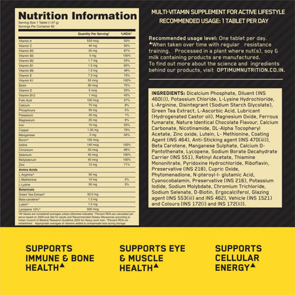 Optimum Nutrition Multivitamin for Men, 60 Tablets, 26 Vitamins & Minerals, Amino Acids, Antioxidants - back view