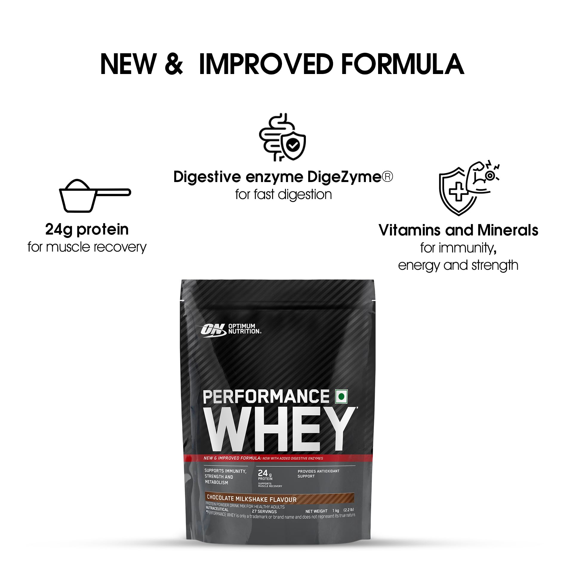Optimum Nutrition Performance Whey Protein Powder, Ultra-Filtered All-Whey, 24g Protein Per Serving - back view