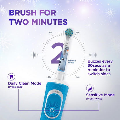 Oral-B Kids Frozen Rechargeable Rotating Electric Toothbrush, 2 Brushing Modes, Timer, IPX7 Water Resistant, Round Brush Head