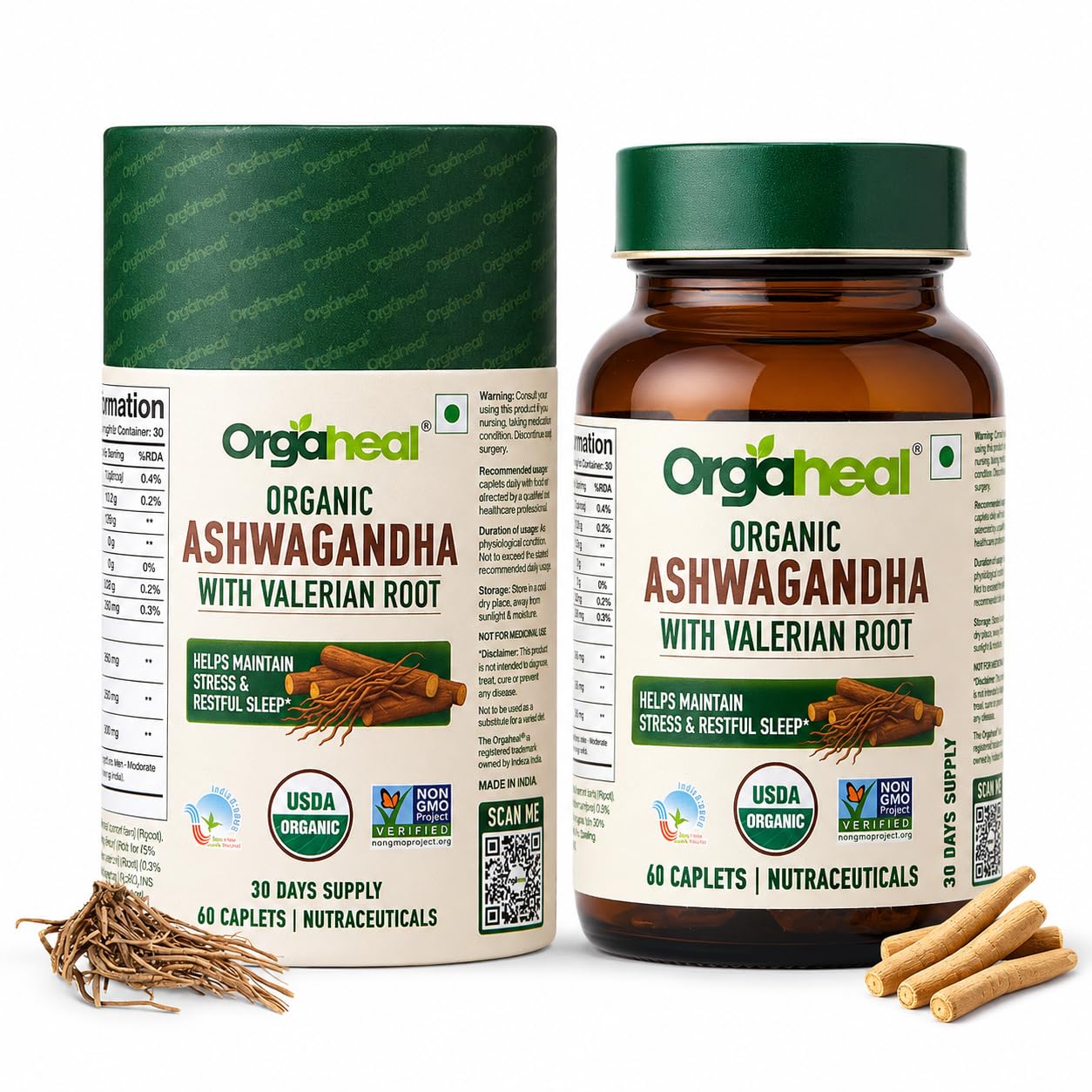 Orgaheal Organic Ashwagandha Caplets 2100mg with Valerian Root, 60 Caplets, USDA & India Organic Certified
