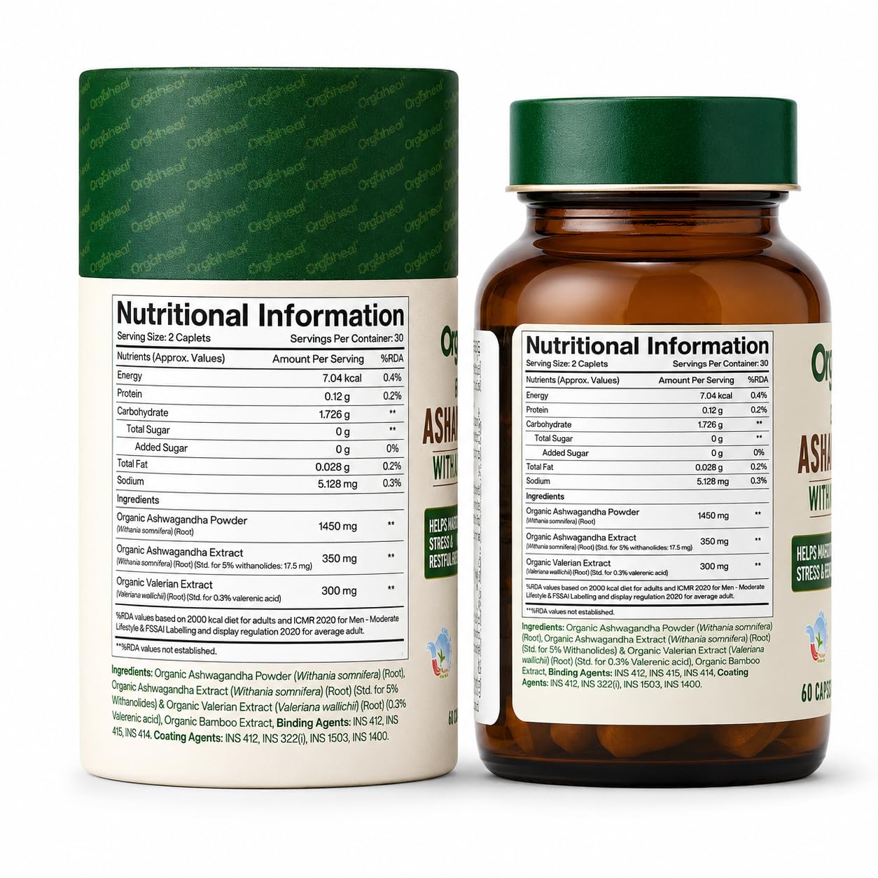 Orgaheal Organic Ashwagandha Caplets 2100mg with Valerian Root, 60 Caplets, USDA & India Organic Certified - front view