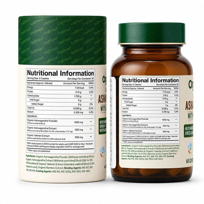 Orgaheal Organic Ashwagandha Caplets 2100mg with Valerian Root, 60 Caplets, USDA & India Organic Certified - front view