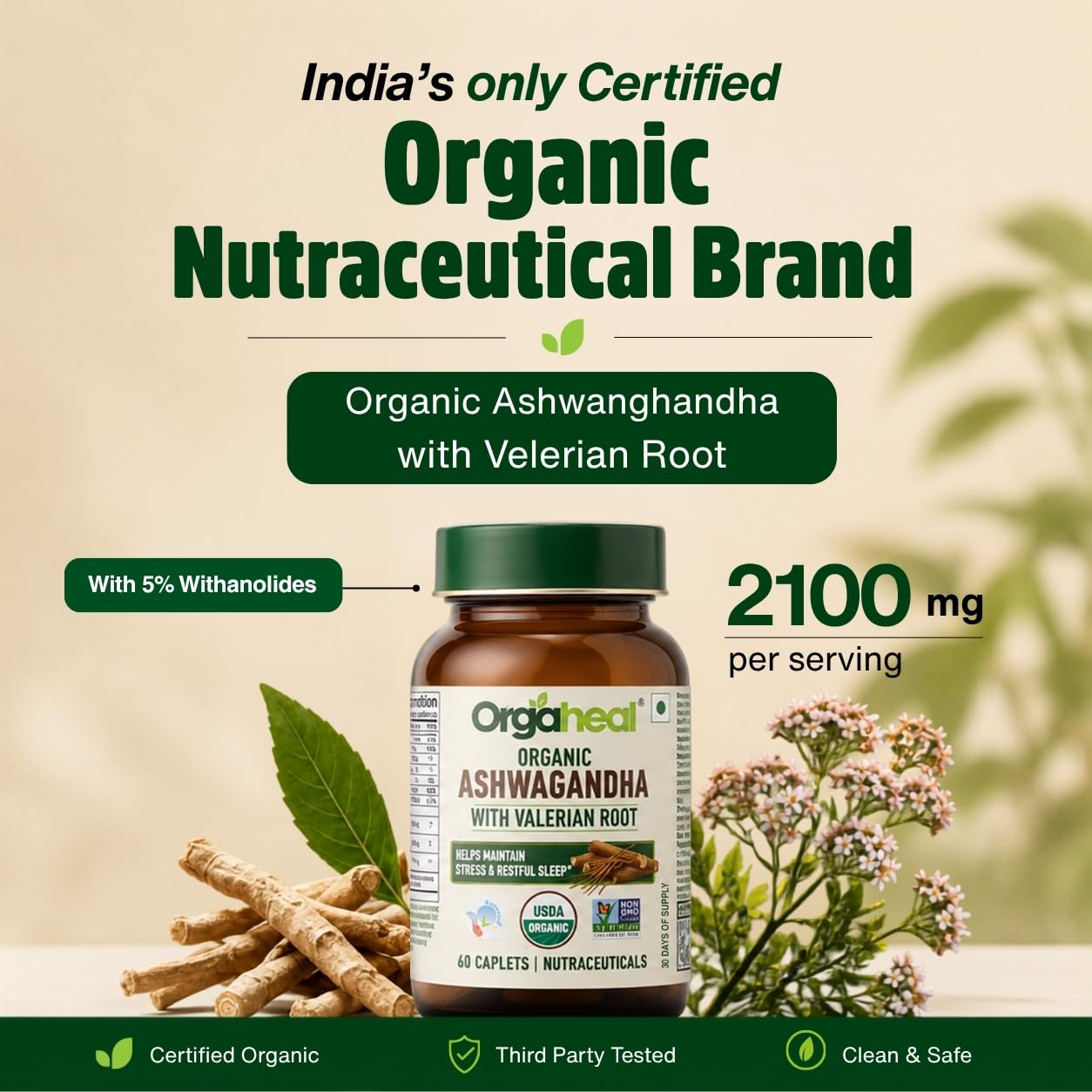 Orgaheal Organic Ashwagandha Caplets 2100mg with Valerian Root, 60 Caplets, USDA & India Organic Certified - back view