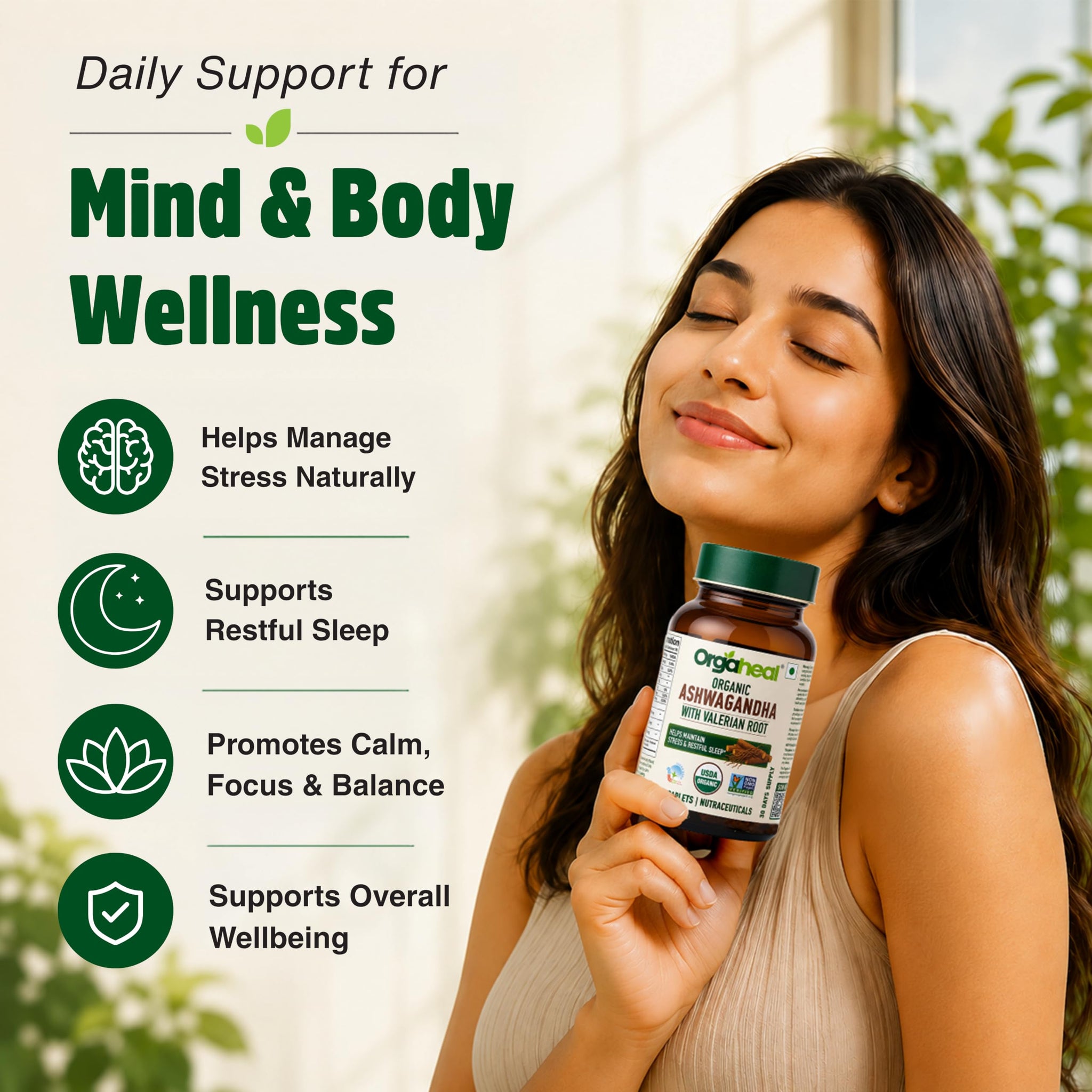 Orgaheal Organic Ashwagandha Caplets 2100mg with Valerian Root, 60 Caplets, USDA & India Organic Certified - ingredients pane