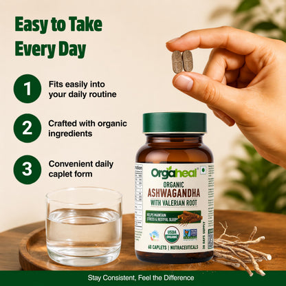 Orgaheal Organic Ashwagandha Caplets 2100mg with Valerian Root, 60 Caplets, USDA & India Organic Certified - close-up detail