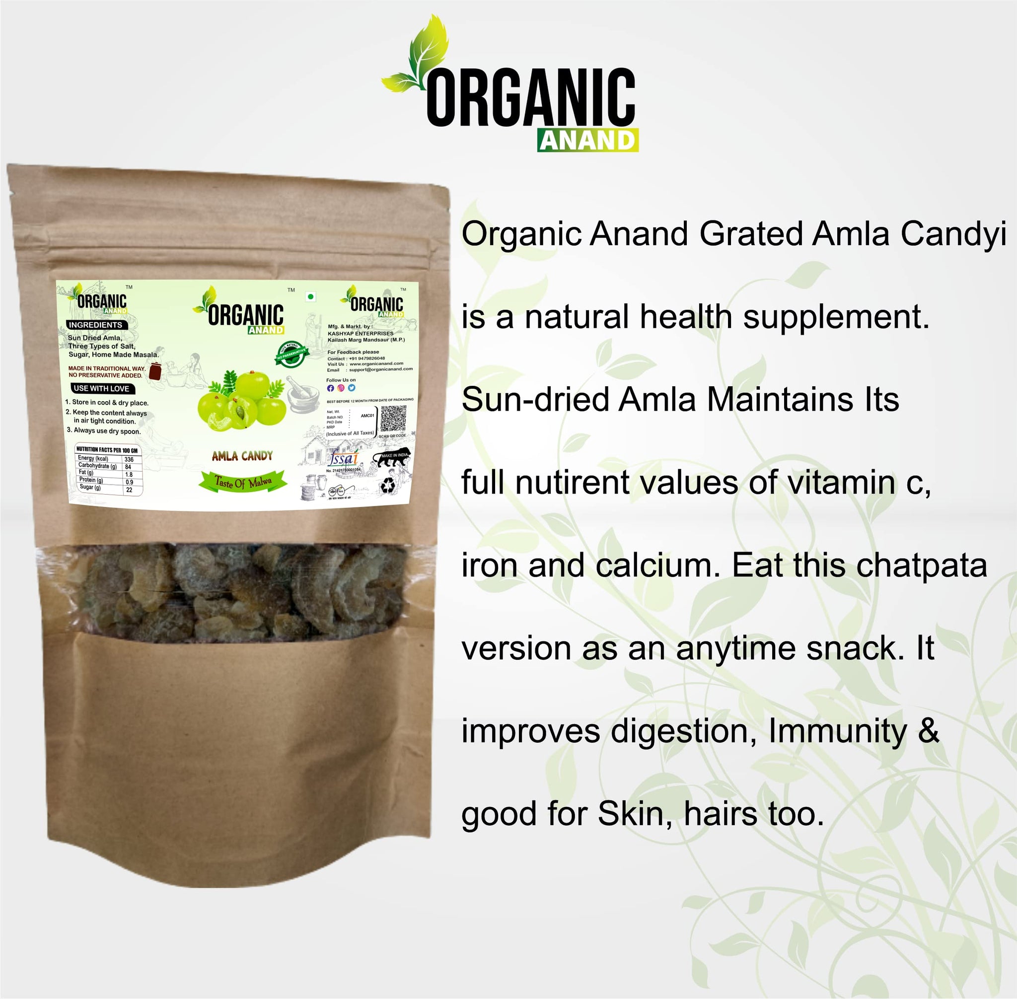 Organic Anand Dried Amla Candy, Indian Gooseberry Snack with Salt, Sugar, Masala - packaging (10)