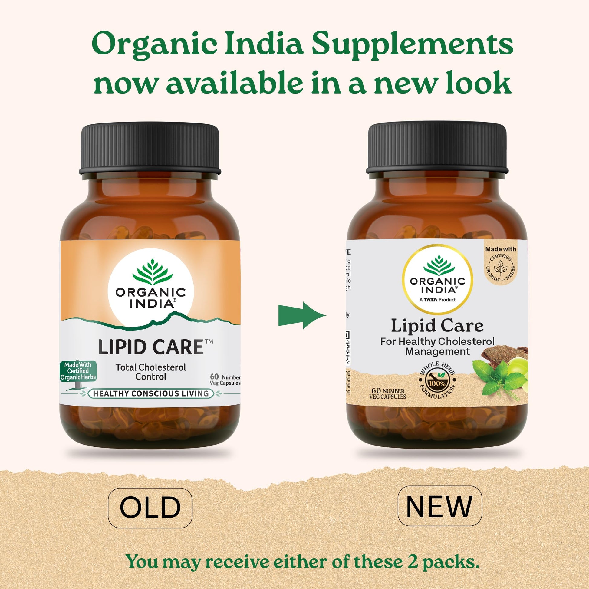 ORGANIC INDIA Lipid Care Veg Capsules, 60 Count, GMP & NPOP Certified, Adult Supplement - front view