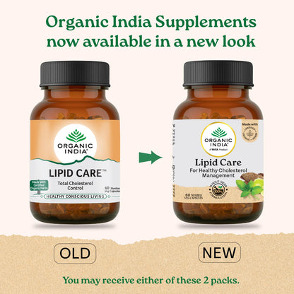 ORGANIC INDIA Lipid Care Veg Capsules, 60 Count, GMP & NPOP Certified, Adult Supplement - front view