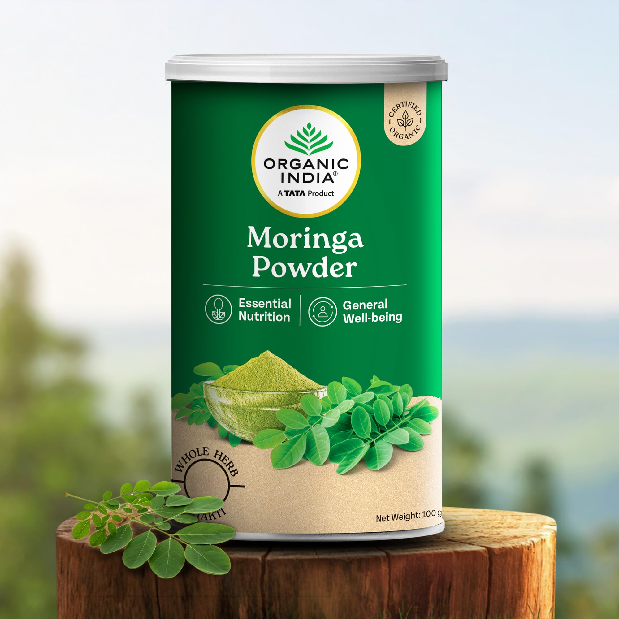 ORGANIC INDIA Moringa Powder, 100g, Whole Sun-Dried Leaf, Herbal Supplement - front view