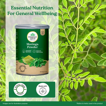 ORGANIC INDIA Moringa Powder, 100g, Whole Sun-Dried Leaf, Herbal Supplement - packaging