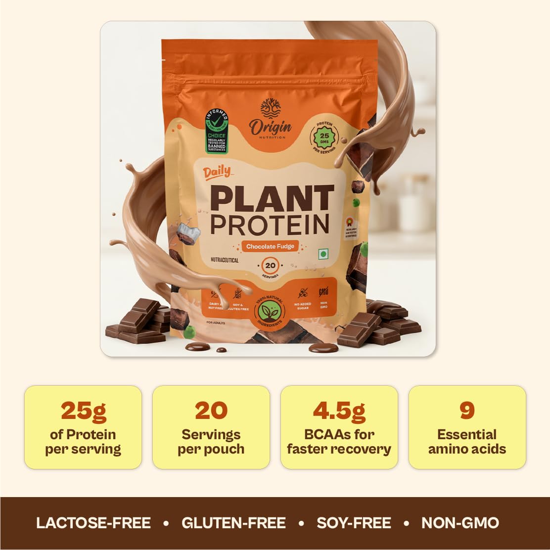 ORIGIN NUTRITION Plant Based Protein Powder, Vegan Pea & Pumpkin Seed, Informed Choice UK Certified - front view (11)