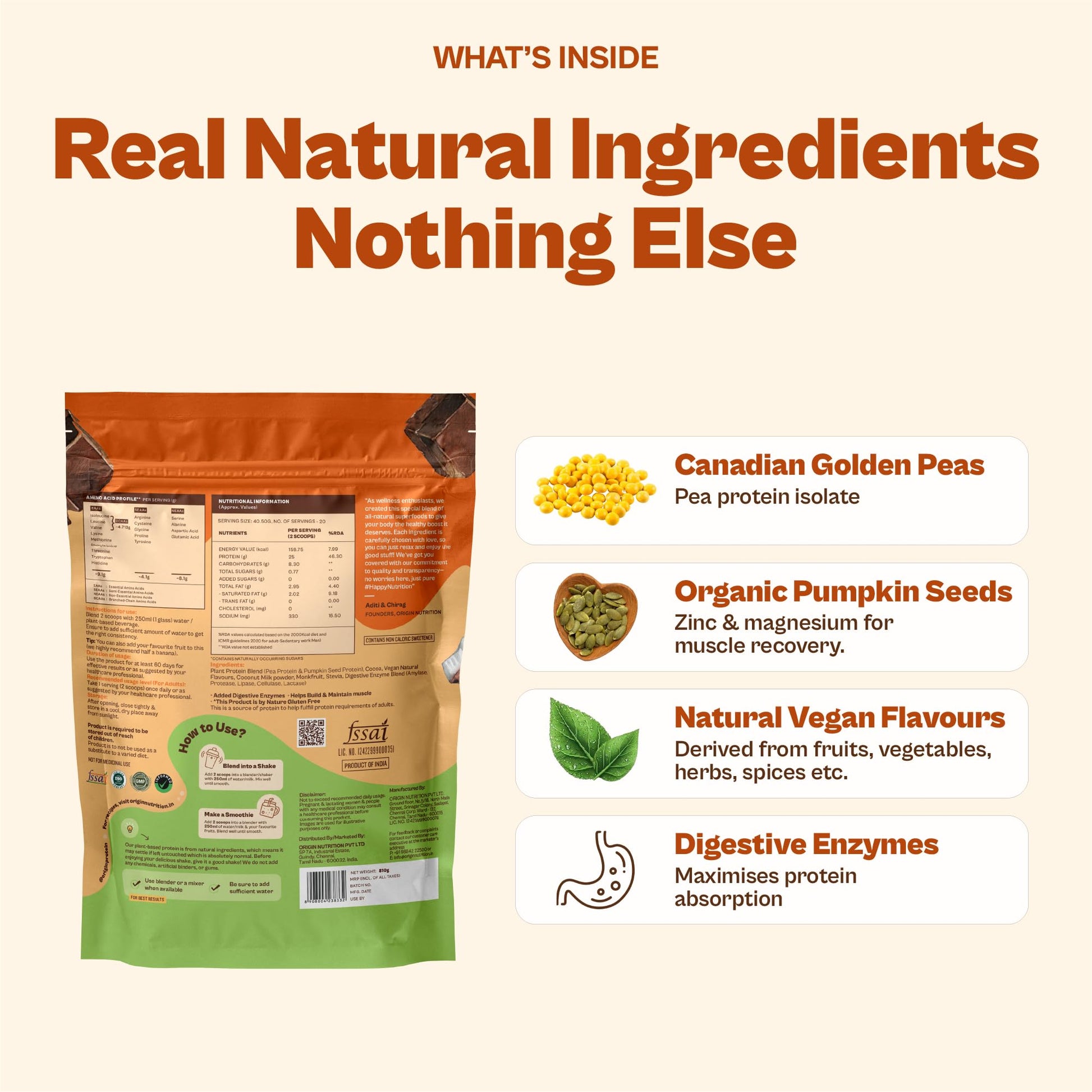 ORIGIN NUTRITION Plant Based Protein Powder, Vegan Pea & Pumpkin Seed, Informed Choice UK Certified - label detail (14)
