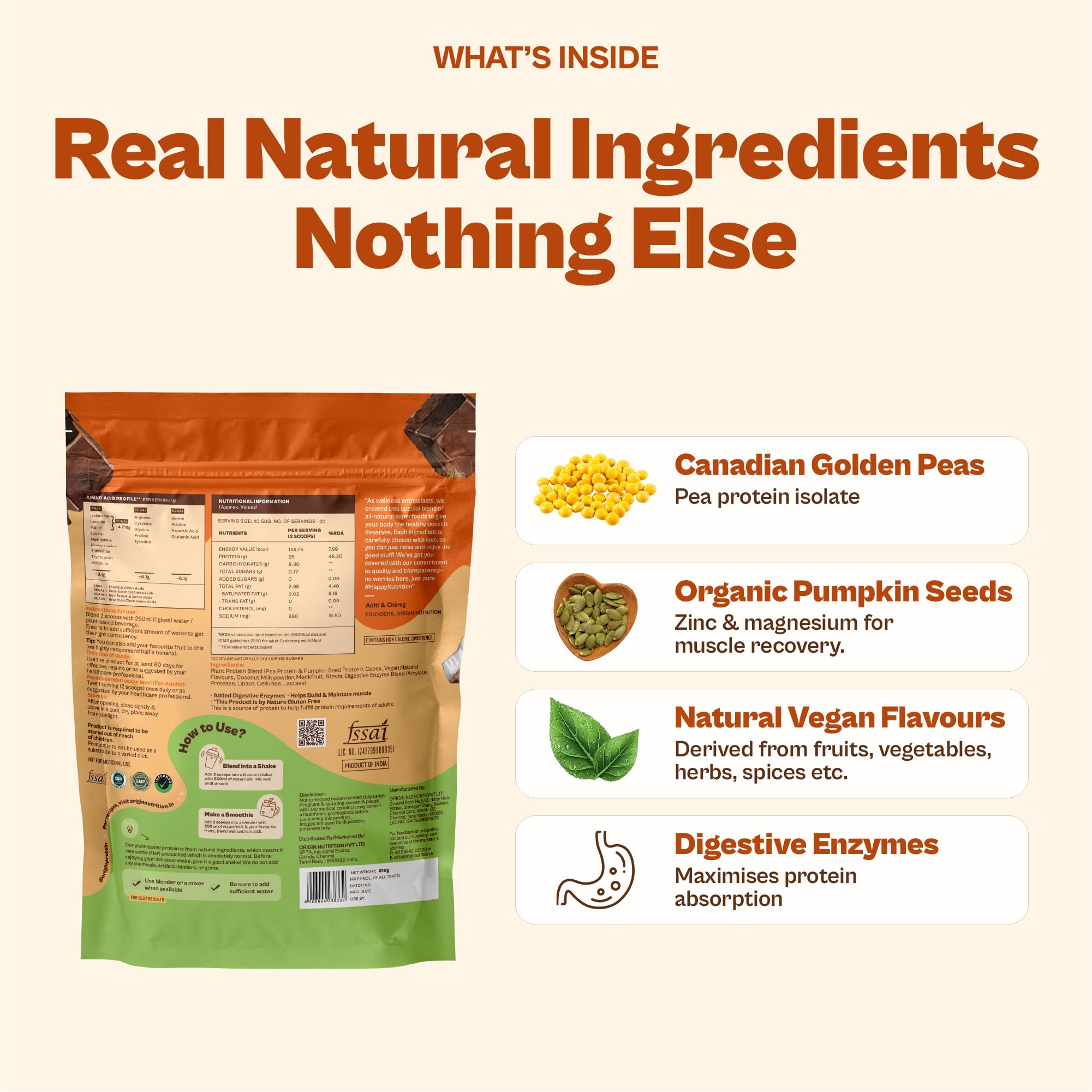 ORIGIN NUTRITION Plant Based Protein Powder, Vegan Pea & Pumpkin Seed, Informed Choice UK Certified - label detail (14)