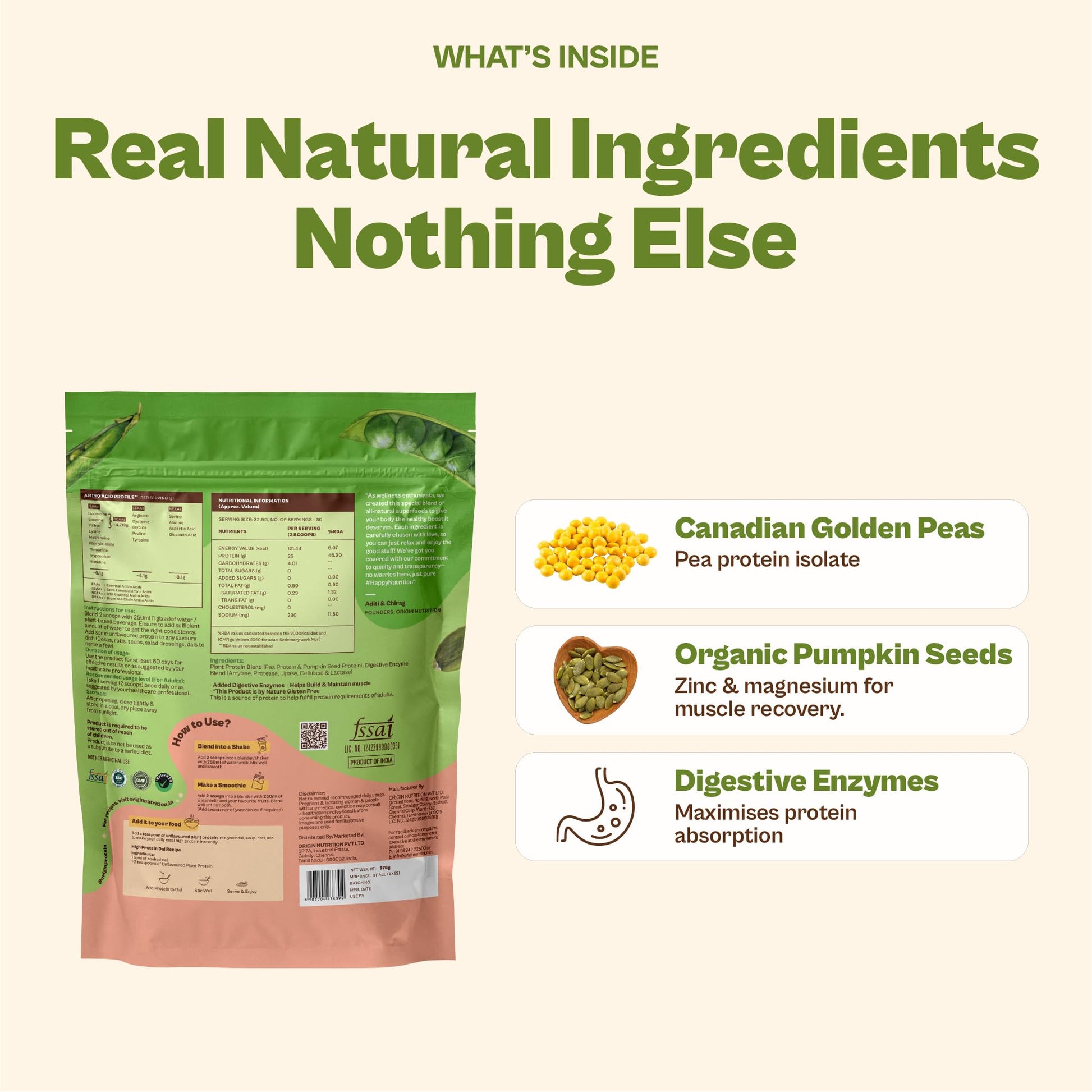 ORIGIN NUTRITION Plant Based Protein Powder, Vegan Pea & Pumpkin Seed, Informed Choice UK Certified - packaging (22)