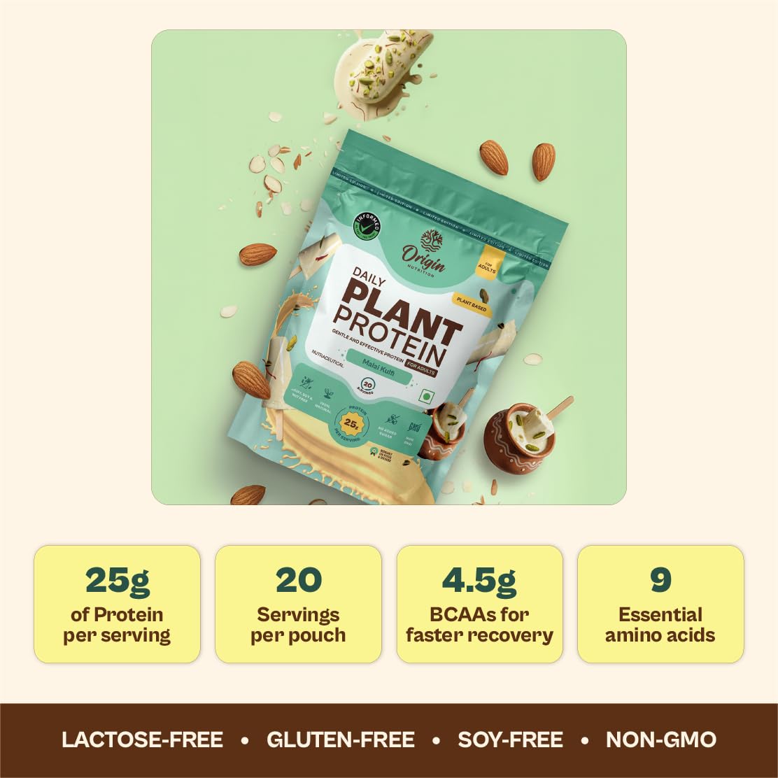 ORIGIN NUTRITION Plant Based Protein Powder, Vegan Pea & Pumpkin Seed, Informed Choice UK Certified - front view (38)