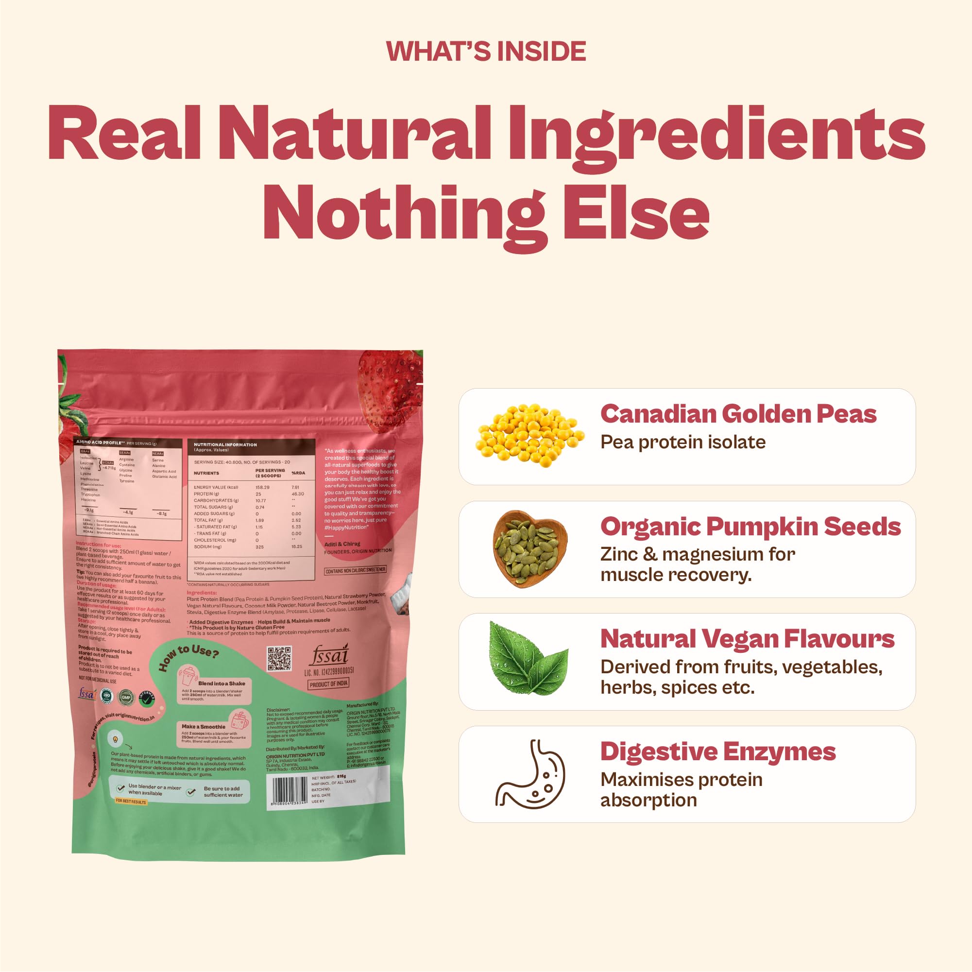 ORIGIN NUTRITION Plant Based Protein Powder, Vegan Pea & Pumpkin Seed, Informed Choice UK Certified - label detail