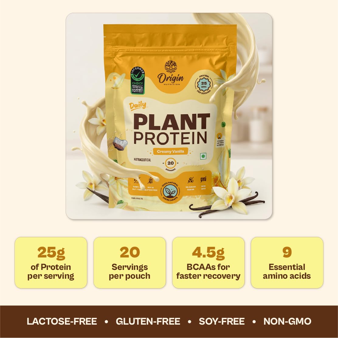 ORIGIN NUTRITION Plant Based Protein Powder, Vegan Pea & Pumpkin Seed, Informed Choice UK Certified - front view (65)