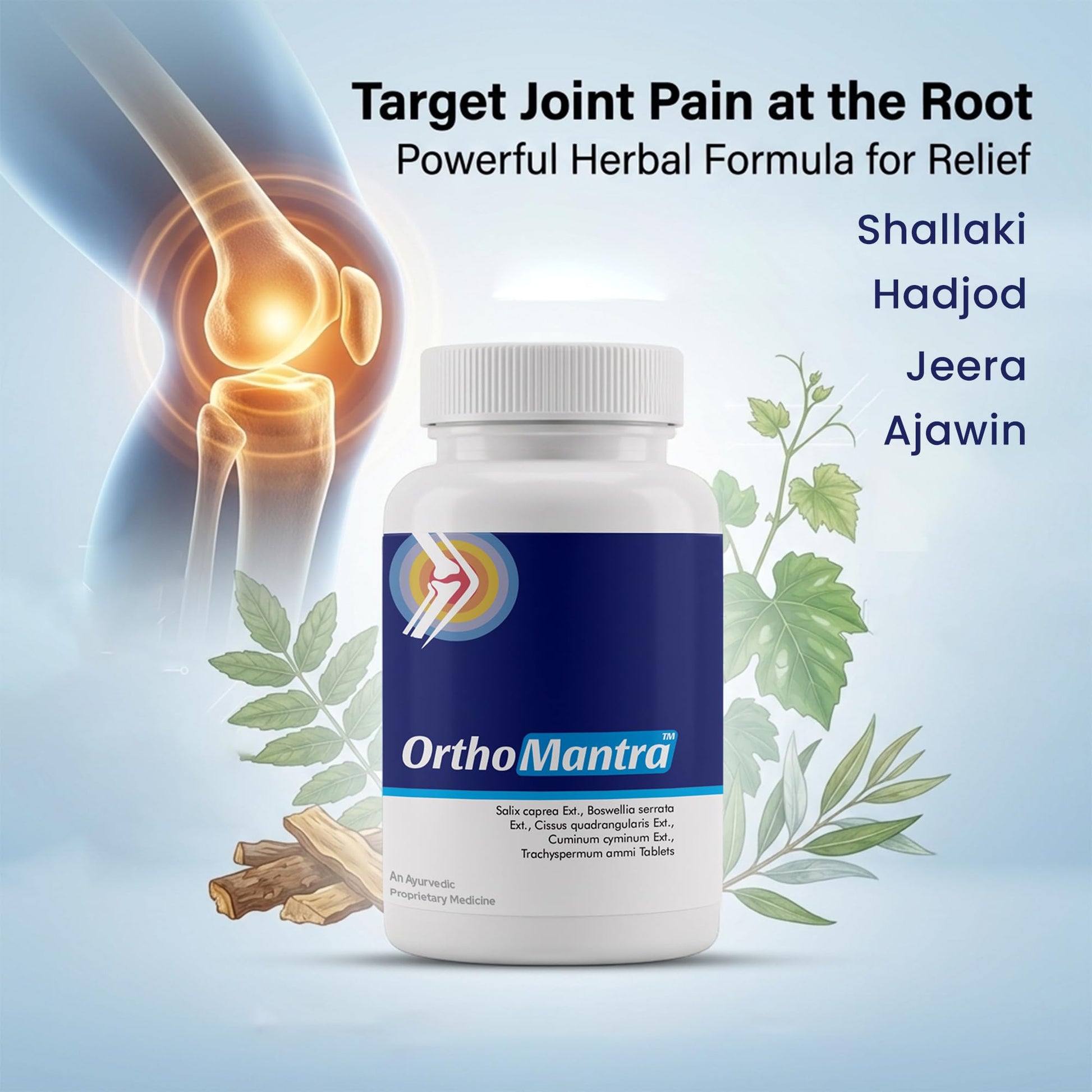 Orthomantra Ortho Mantra Ayurvedic Herbal Supplement Tablets with Shallaki, Hadjod, Jeera, Ajwain Extracts - label detail