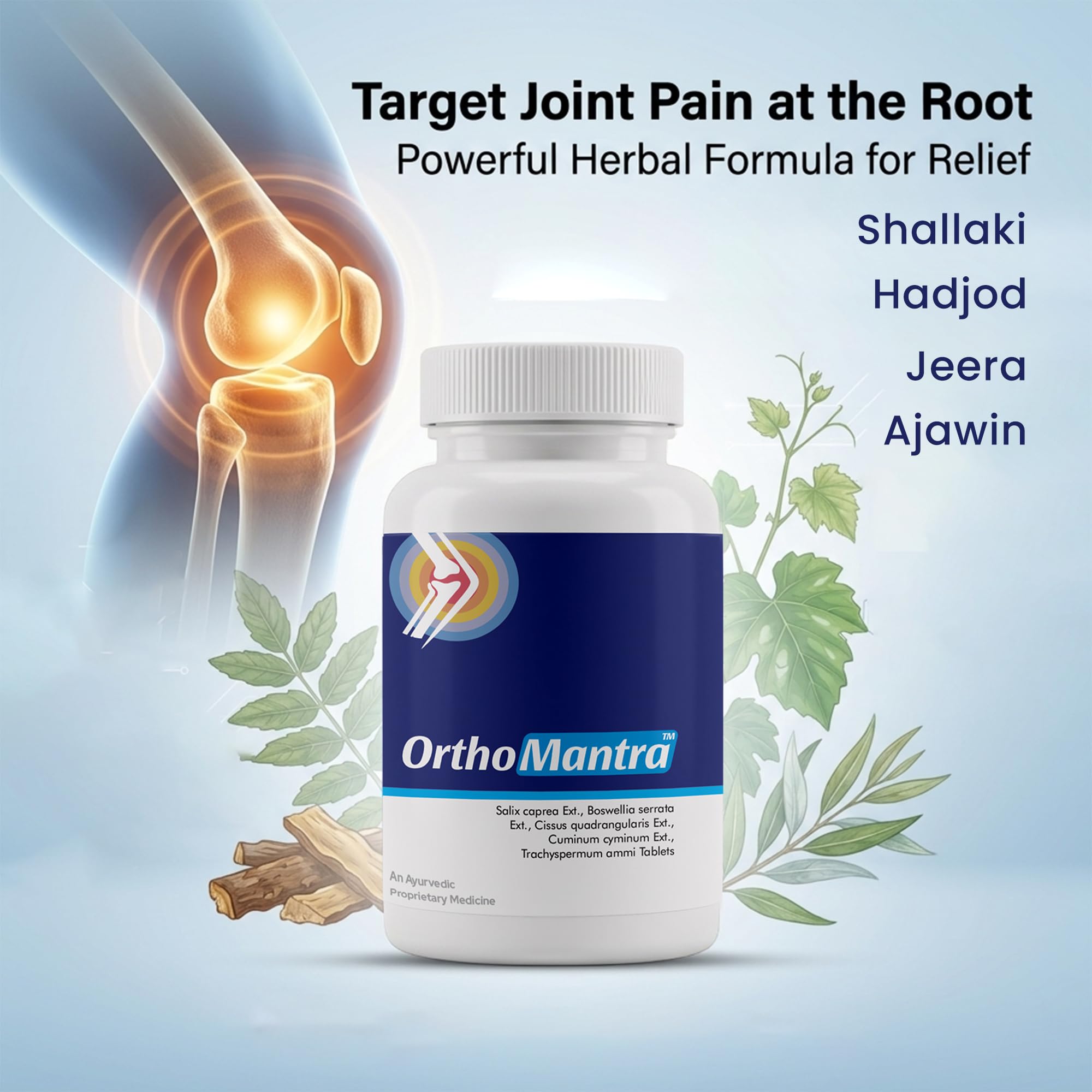 Orthomantra Ortho Mantra Ayurvedic Herbal Supplement Tablets with Shallaki, Hadjod, Jeera, Ajwain Extracts - label detail