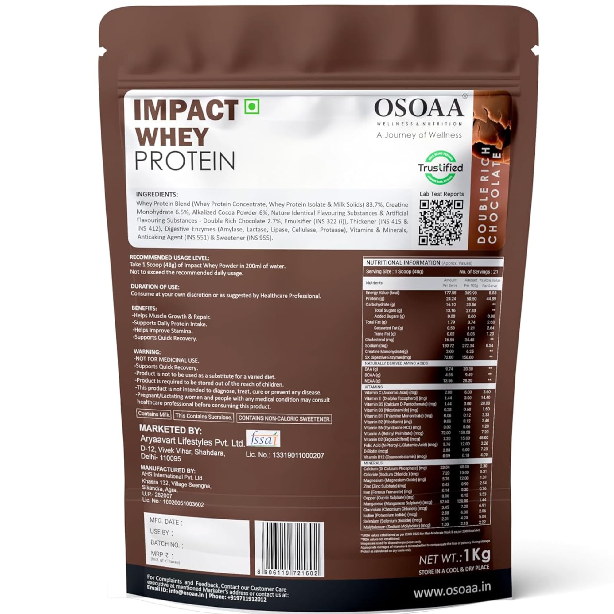 OSOAA Impact Whey Protein, 1kg, Whey Protein Powder with Creatine Monohydrate and Digestive Enzymes - close-up detail (15)